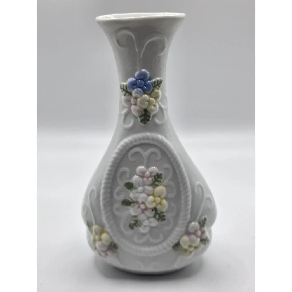 vintage porcelain basket And Vase With Beautiful Blue Pink Yellow Flowers